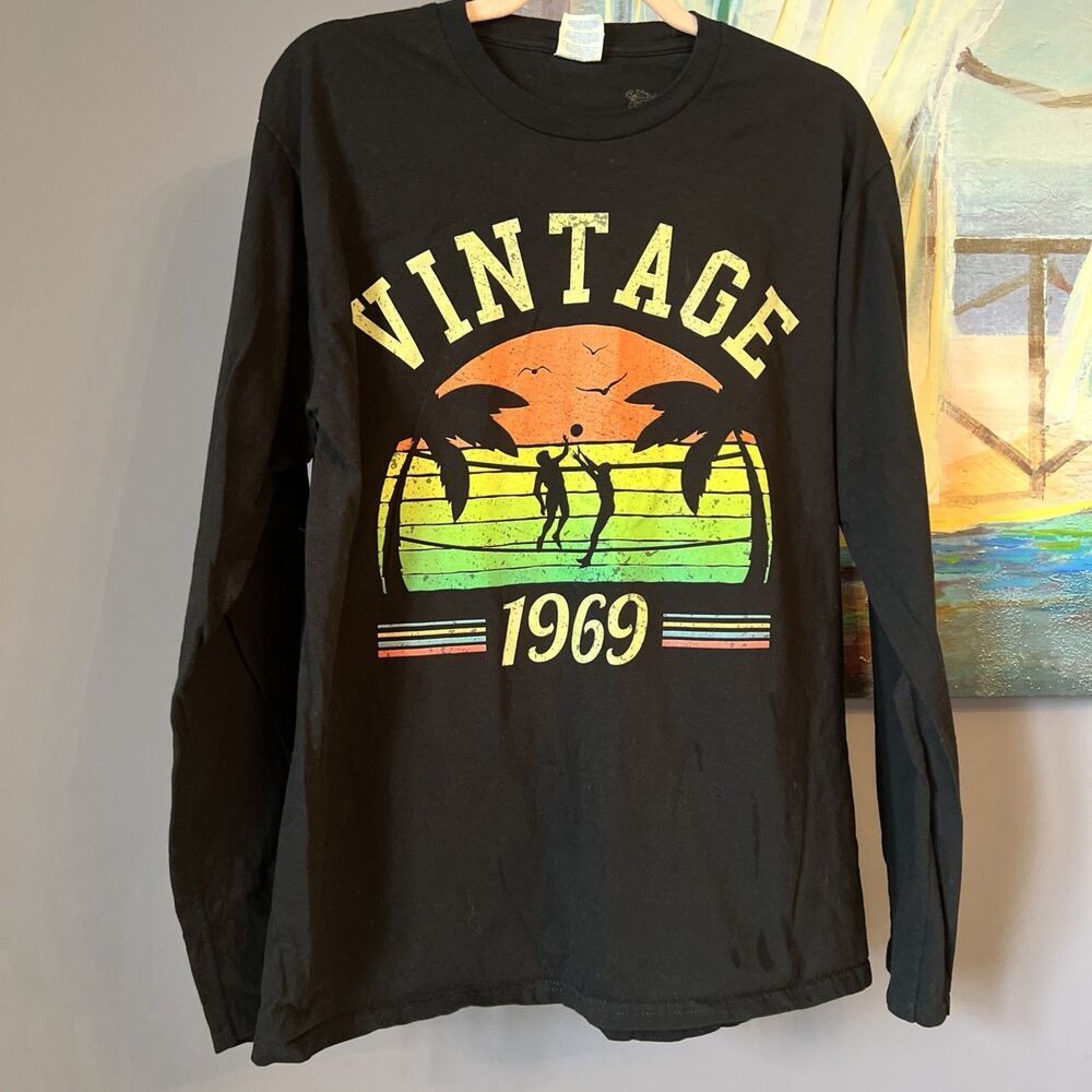Vintage 1969 Sz L Volleyball Long Sleeve T-Shirt Black 100% Cotton EXCELLENT